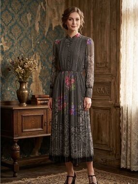 🌸 Midnight Garden: Vintage Made-in-Japan Pleated Floral Maxi Dress – Size M